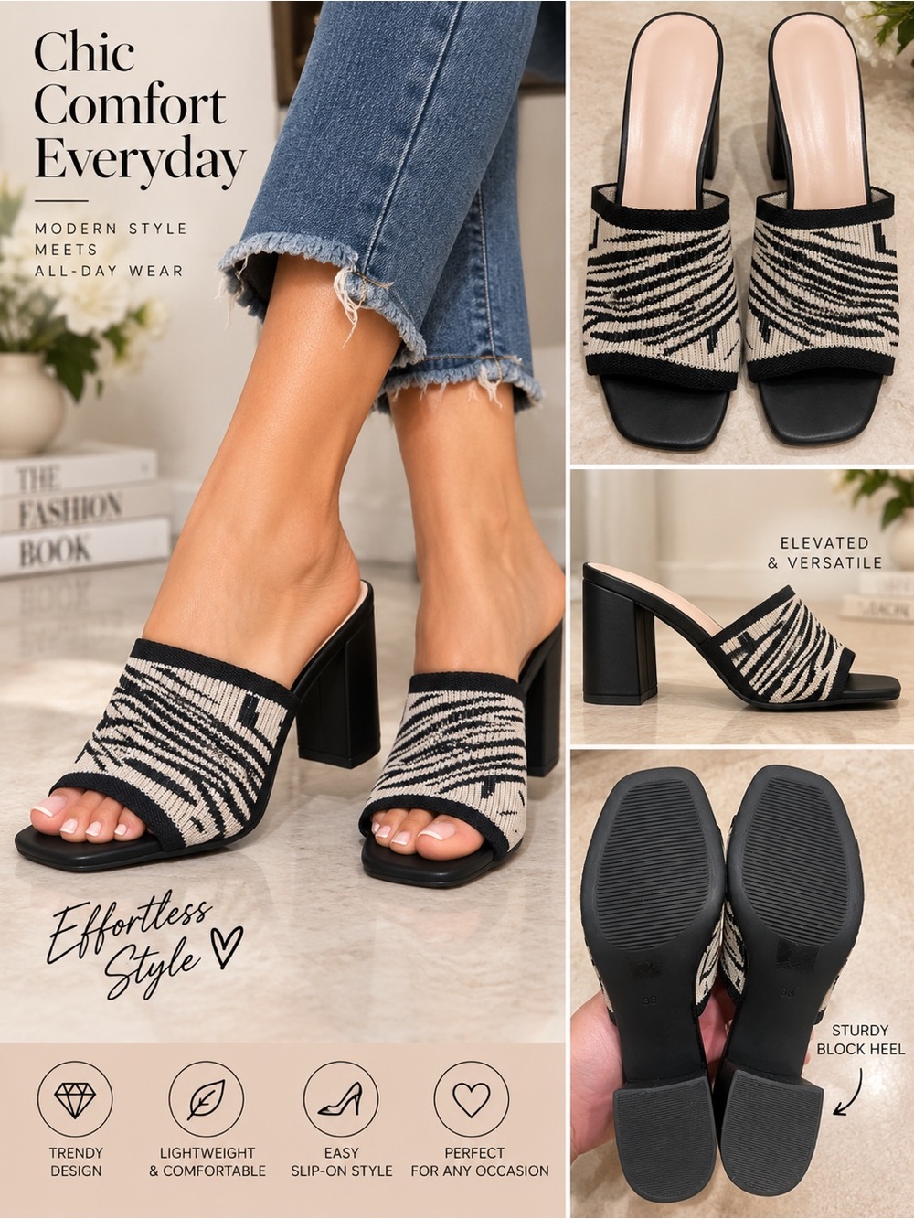 Black Cream Knit Mule Sandals Women’s Size 38 Block Heel Slip On Shoes